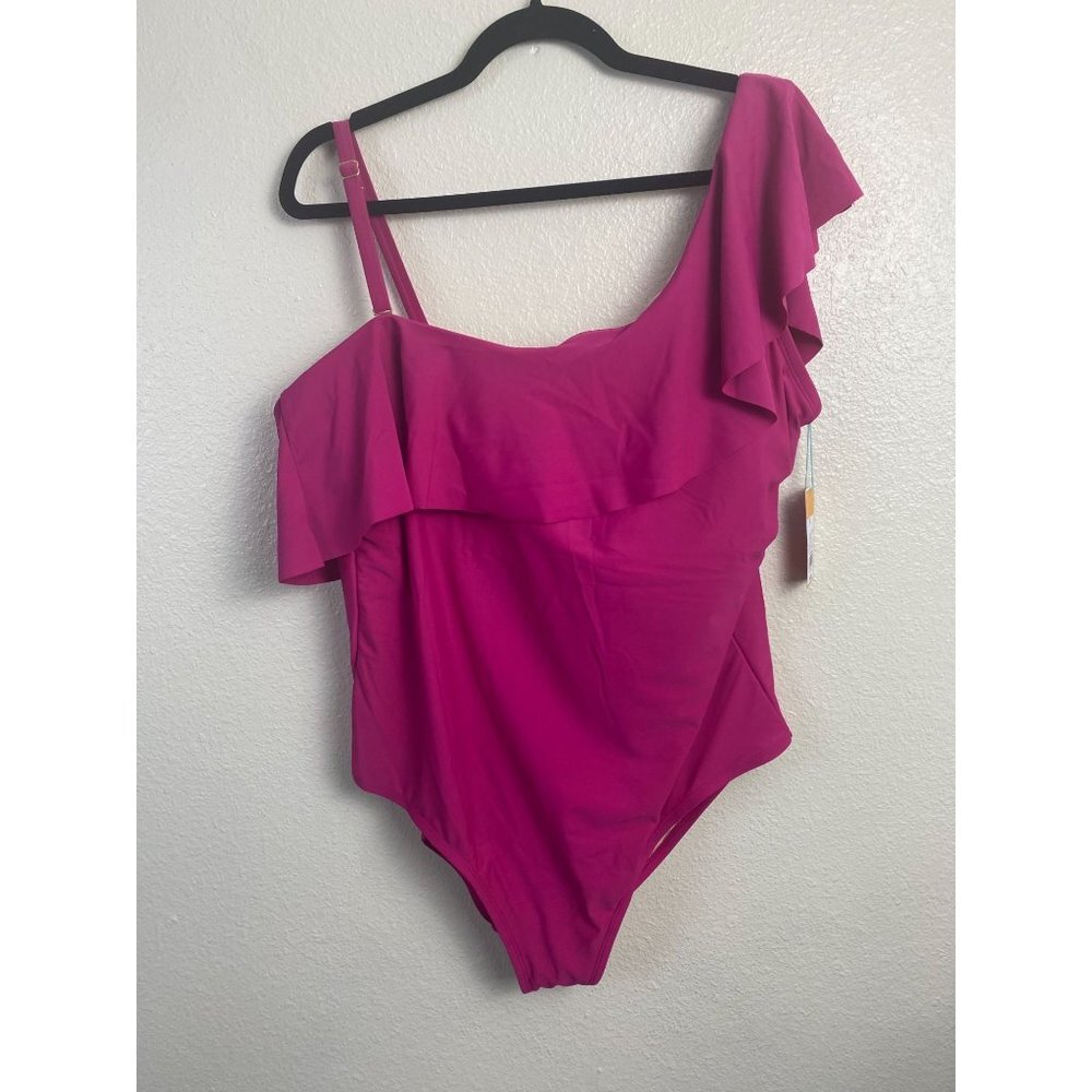 NEW Kona Sol‎ Ruffle One Shoulder One Piece Swimsuit size 20 Pink Full Coverage